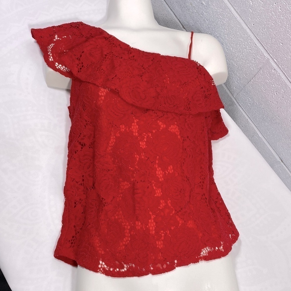 “Mine” one shoulder red lace with underlay top​​​​​​​​​​